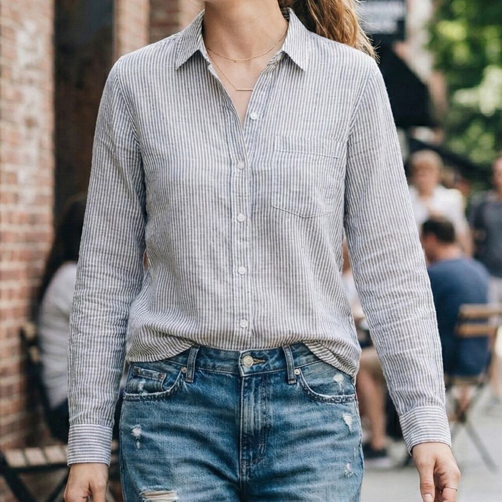 Marine Layer Gray Stripe Long Sleeve  Button Front Tencel Blend Top XS